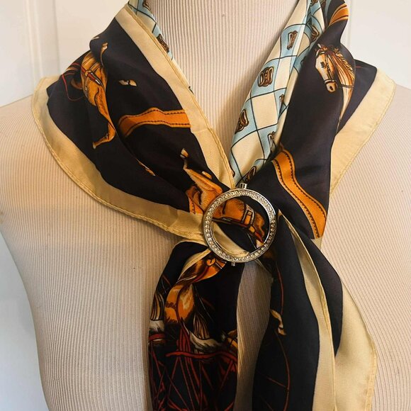 NWT Faux Silk Scarf — Equestrian Horse & Harness Print (New, Made in China) - Picture 8 of 9